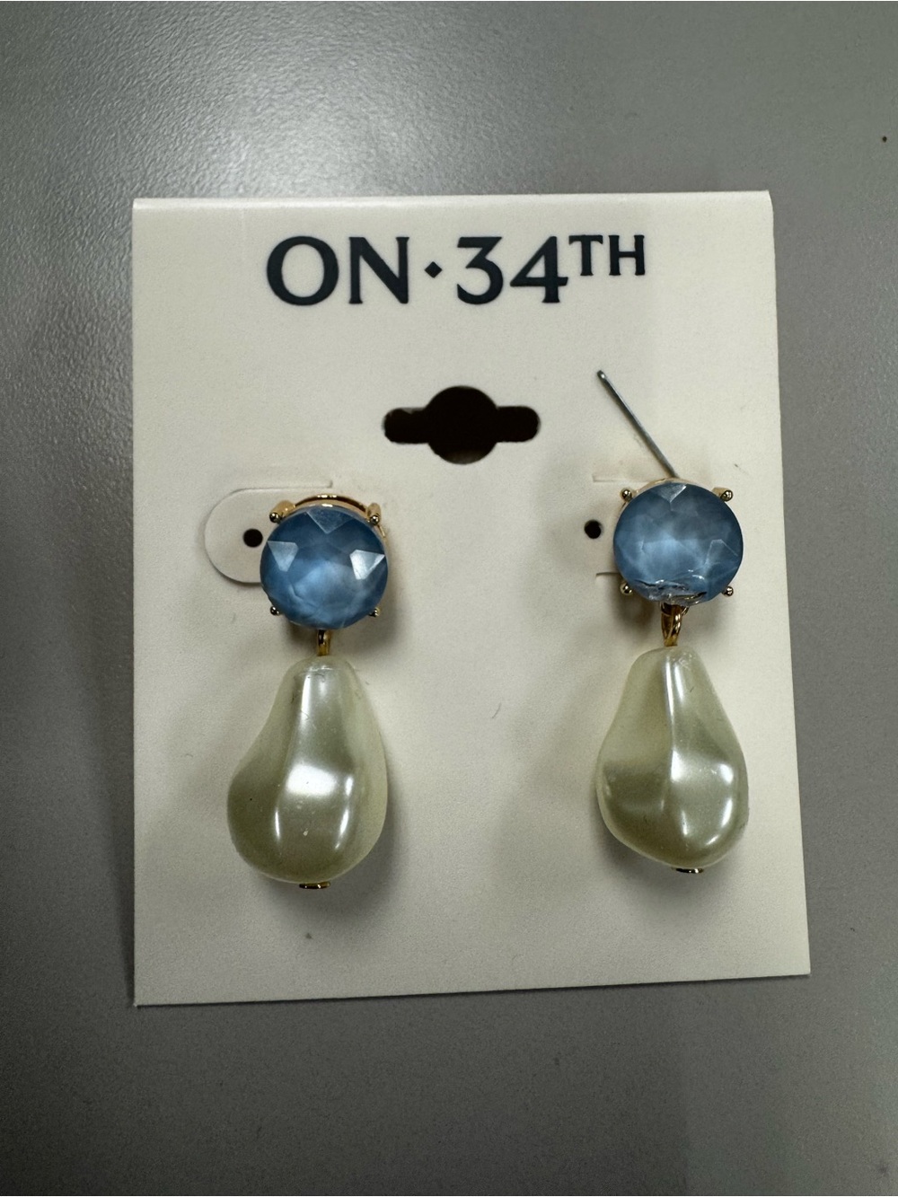 ON·34TH Blue Stone and Cream Pearl Teardrop Earrings